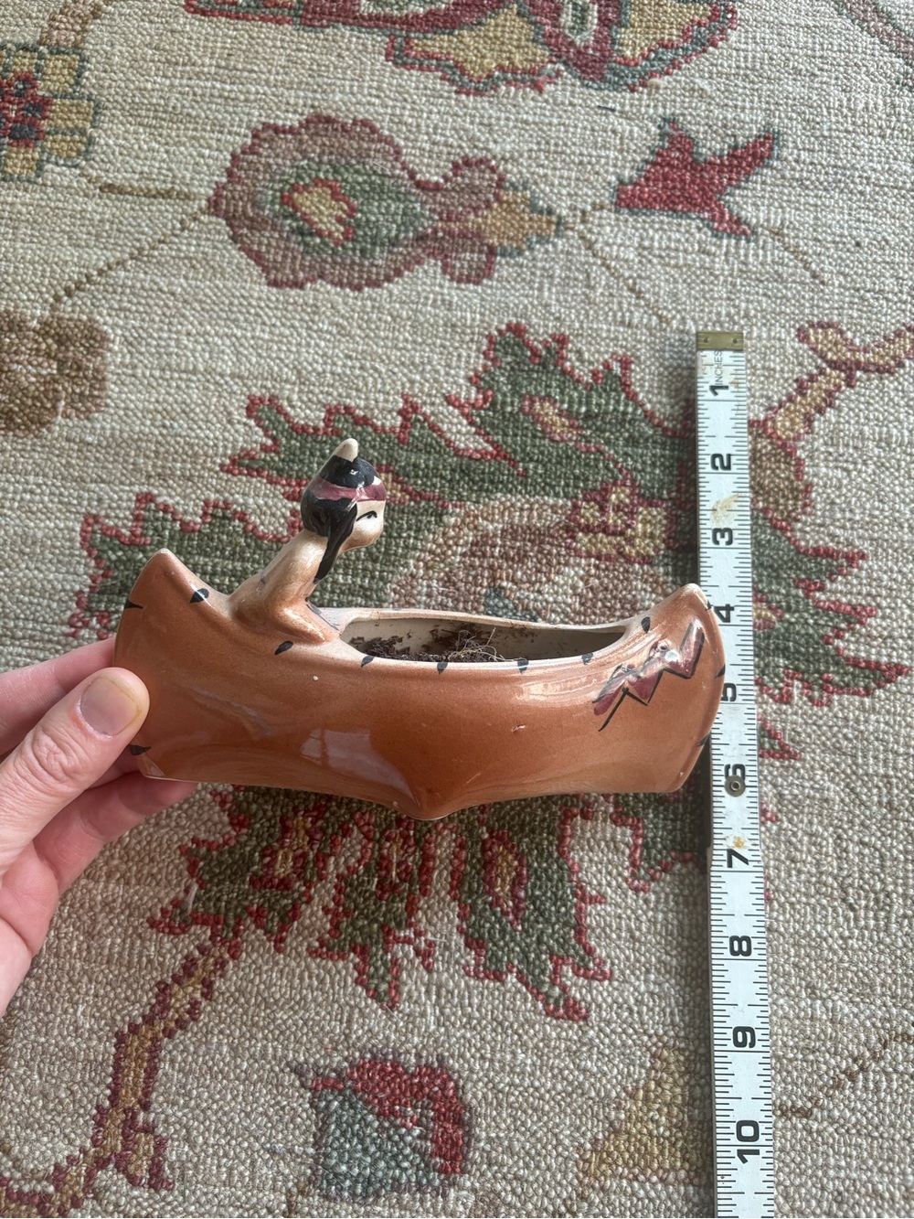 Hand-Painted Ceramic Canoe Planter - Brown with Black & Cream Accents